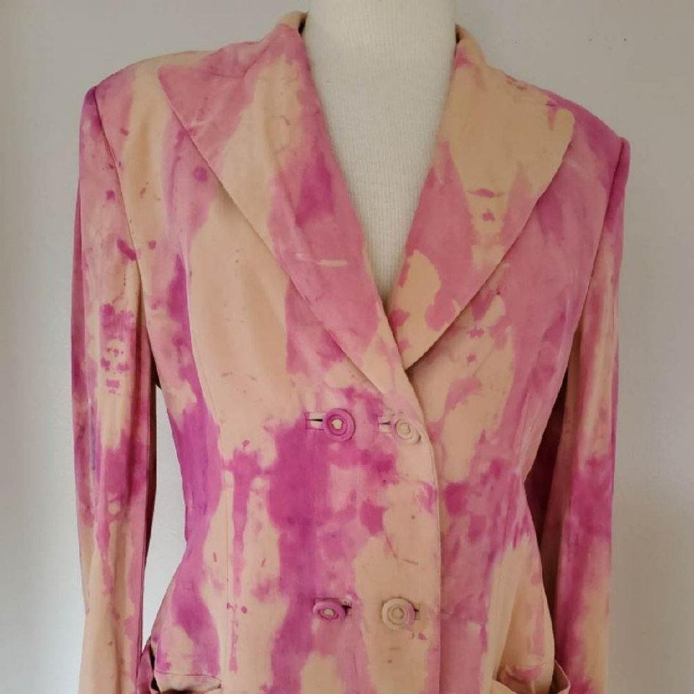 Vintage Gianni Versace silk blazer pink beige tan tie dye painted Med small 4 6